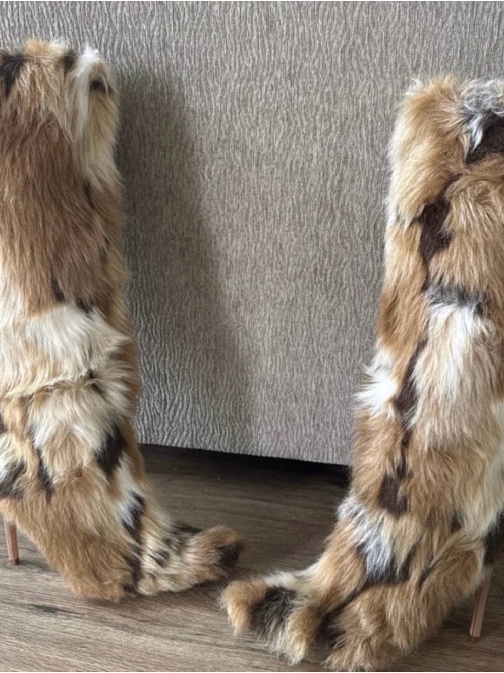 Faux Fur Knee-High Heeled Boots in Multi Brown